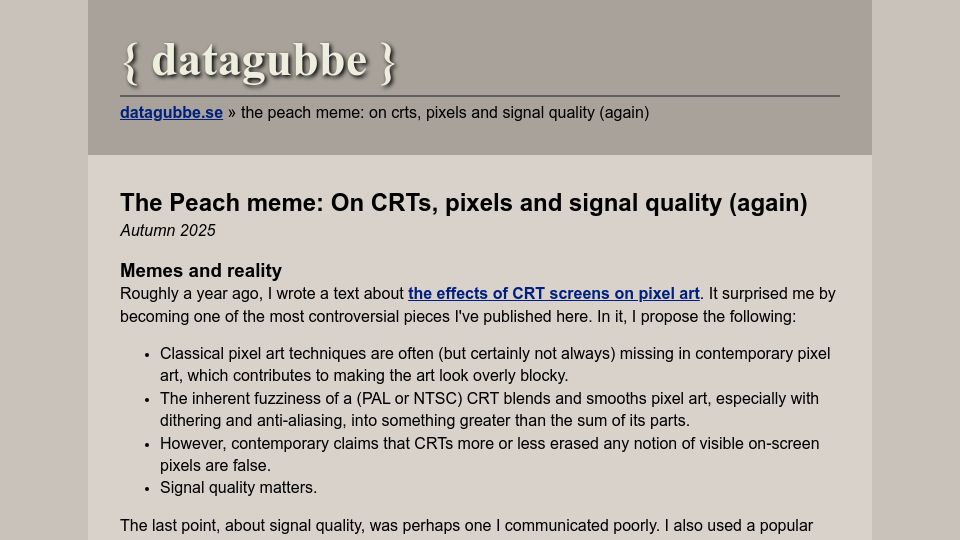 Screenshot of datagubbe.se: The Peach meme: On CRTs, pixels and signal quality (again)