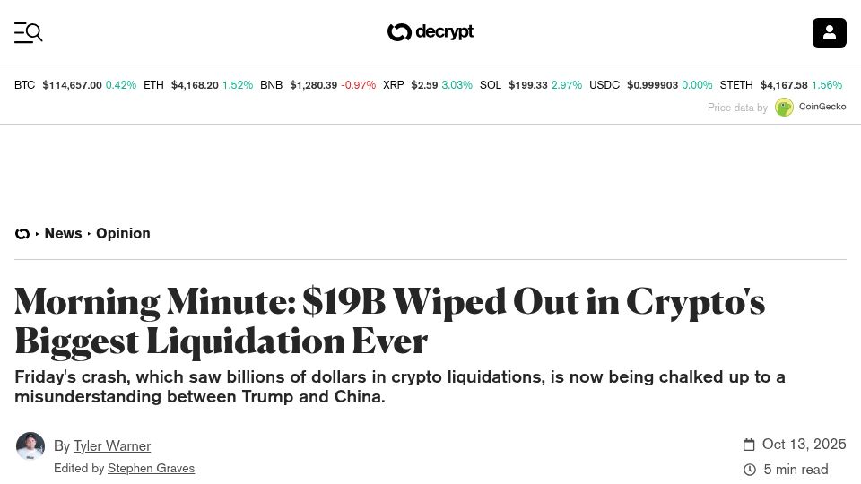 Screenshot of decrypt.co: $19B Wiped Out in Crypto's Biggest Liquidation