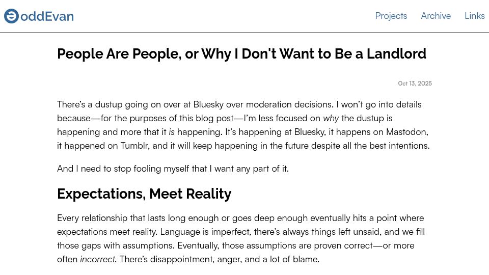 Screenshot of oddevan.com: People Are People, or Why I Don't Want to Be a Landlord