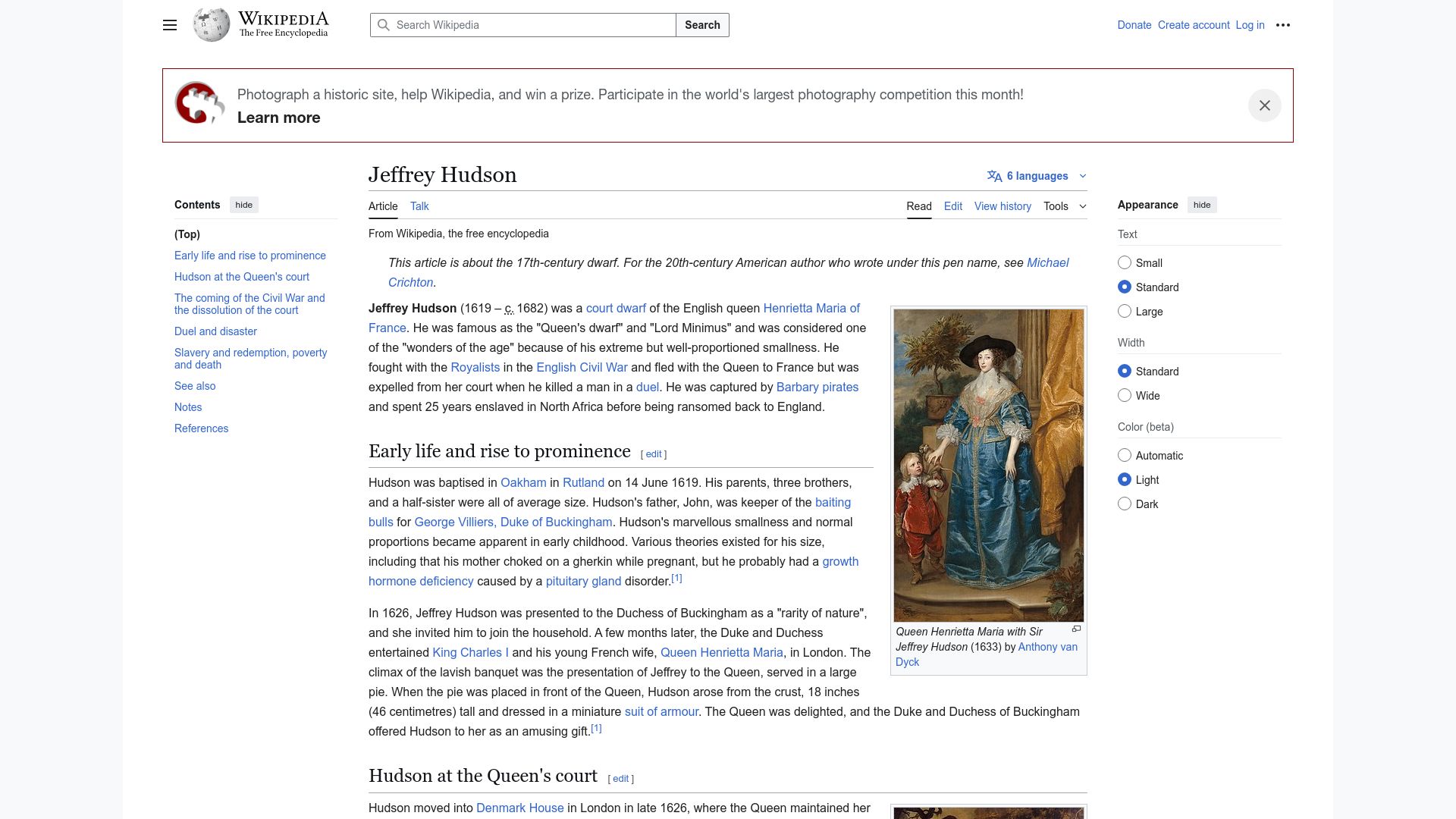 Screenshot of en.wikipedia.org: Jeffrey Hudson the Court Dwarf of the English Queen Henrietta Maria of France