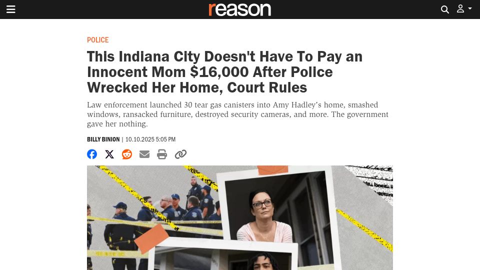 Screenshot of reason.com: Indiana City Doesn't Have to Pay Innocent Mom $16,000 After Police Wrecked Home