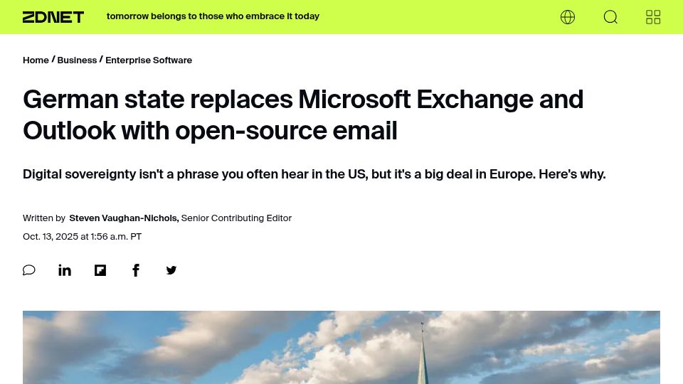 Screenshot of zdnet.com: German state replaces Microsoft Exchange and Outlook with open-source email