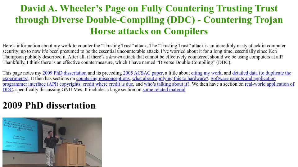 Screenshot of dwheeler.com: Countering Trusting Trust Through Diverse Double-Compiling (DDC)