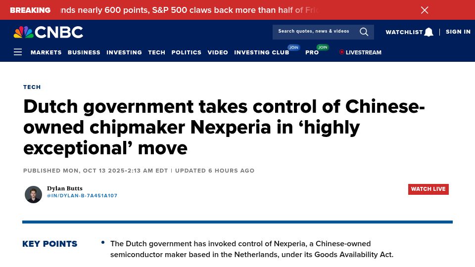 Screenshot of cnbc.com: Dutch government takes control of Chinese-owned chipmaker Nexperia