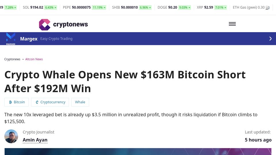 Screenshot of cryptonews.com: Crypto Whale Opens New $163M Bitcoin Short After $192M Win