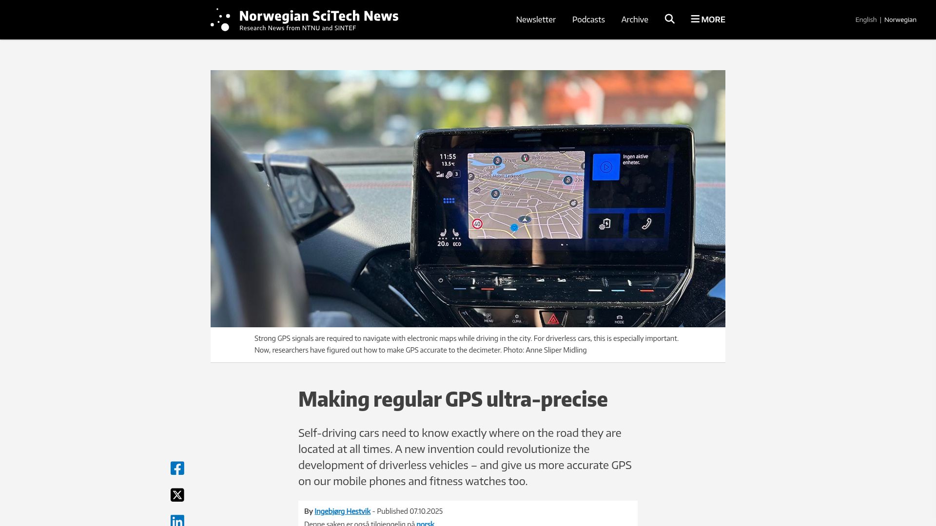 Screenshot of norwegianscitechnews.com: Making regular GPS ultra-precise