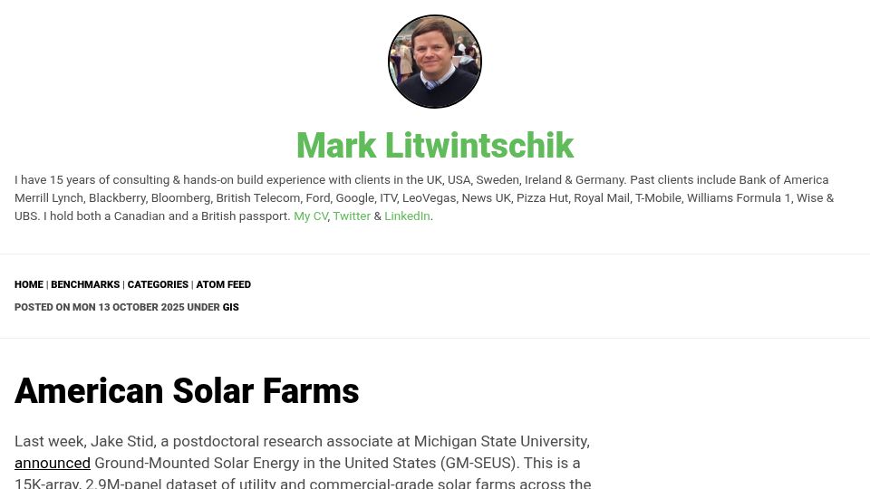 Screenshot of tech.marksblogg.com: American solar farms