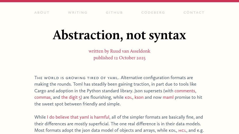 Screenshot of ruudvanasseldonk.com: Abstraction, not syntax