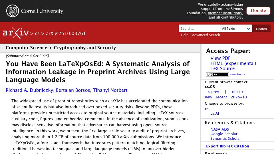 Screenshot of arxiv.org: LaTeXpOsEd: A Systematic Analysis of Information Leakage in Preprint Archives