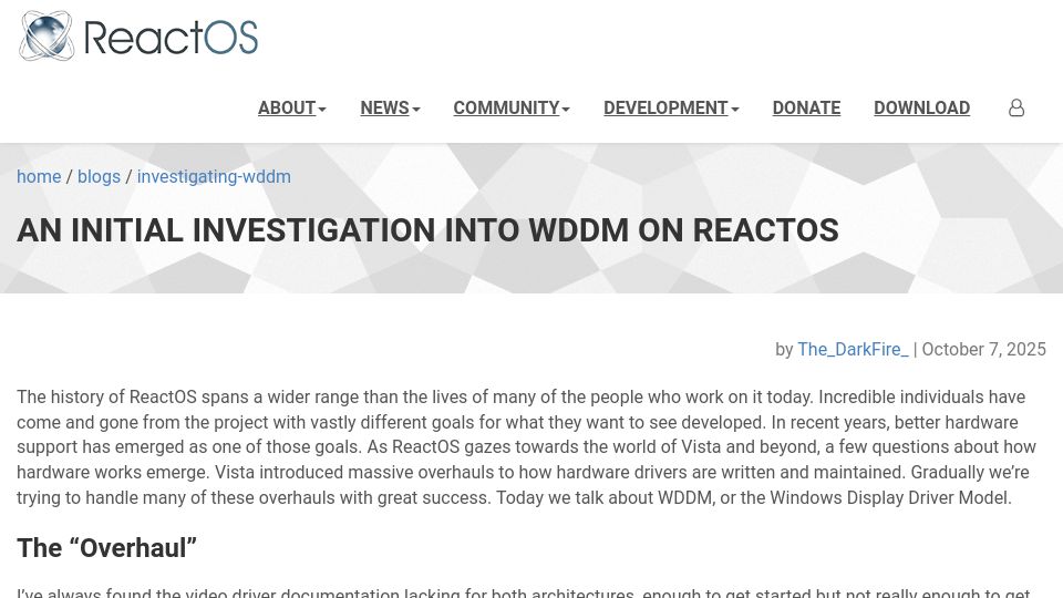 Screenshot of reactos.org: An initial investigation into WDDM on ReactOS