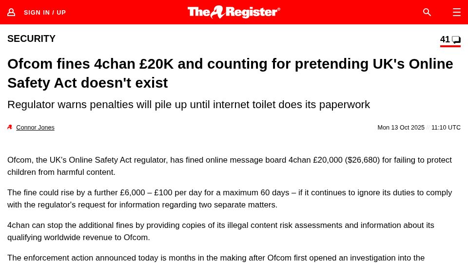 Screenshot of theregister.com: Ofcom fines 4chan £20K and counting for violating UK's Online Safety Act