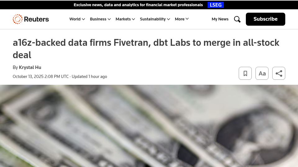 Screenshot of reuters.com: A16Z-backed data firms Fivetran, dbt Labs to merge in all-stock deal