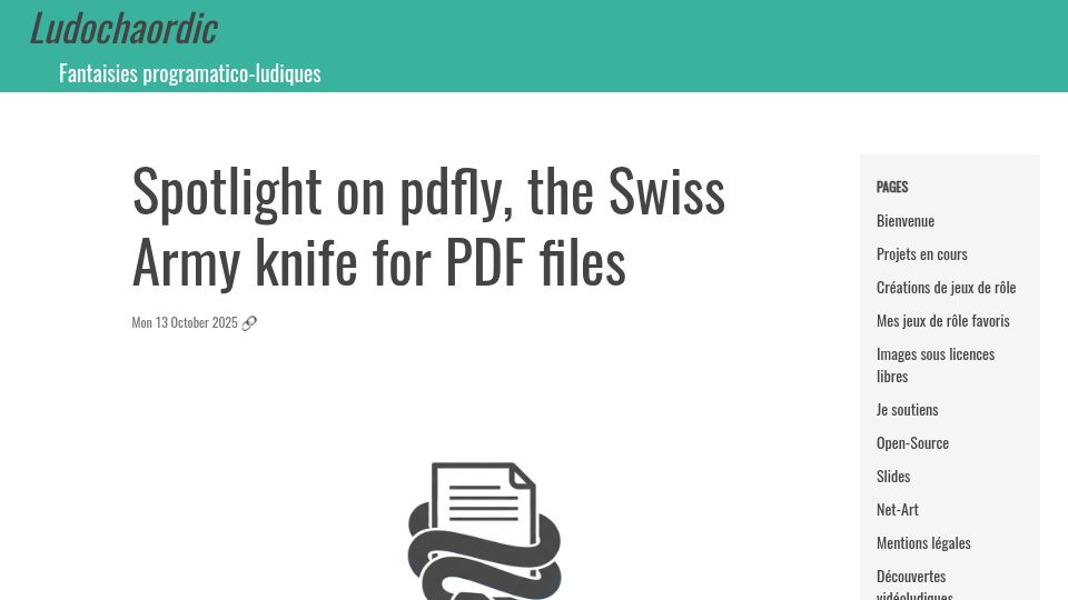 Screenshot of chezsoi.org: Spotlight on pdfly, the Swiss Army knife for PDF files