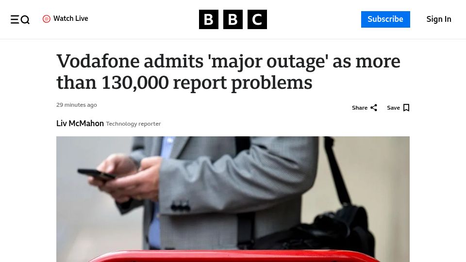 Screenshot of bbc.co.uk: Vodafone admits 'major outage' as more than 130,000 report problems