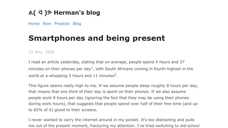 Screenshot of herman.bearblog.dev: Smartphones and being present