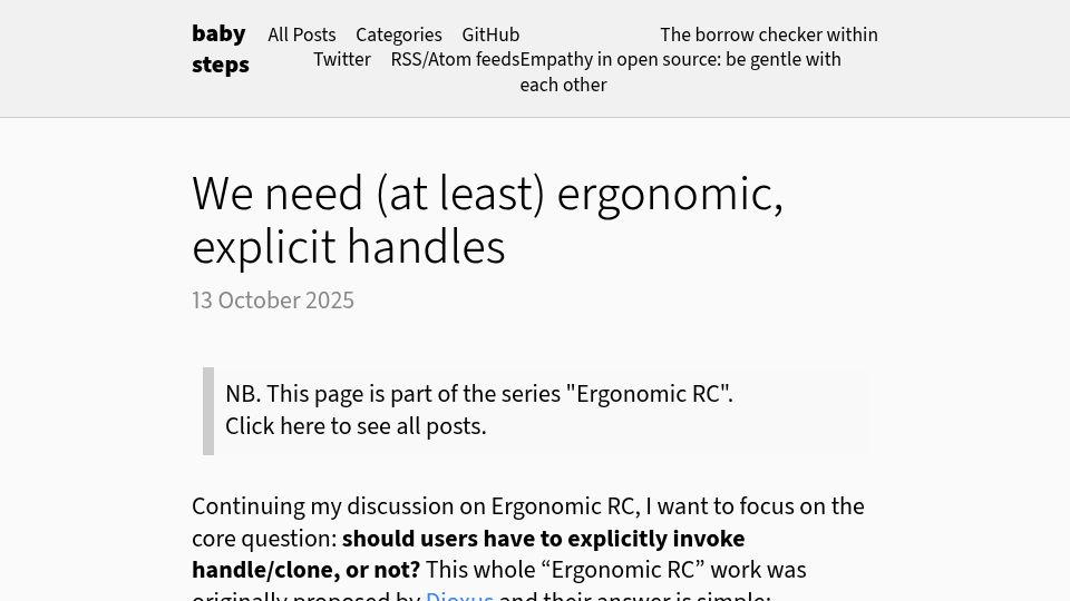 Screenshot of smallcultfollowing.com: We need (at least) ergonomic, explicit handles [in Rust]