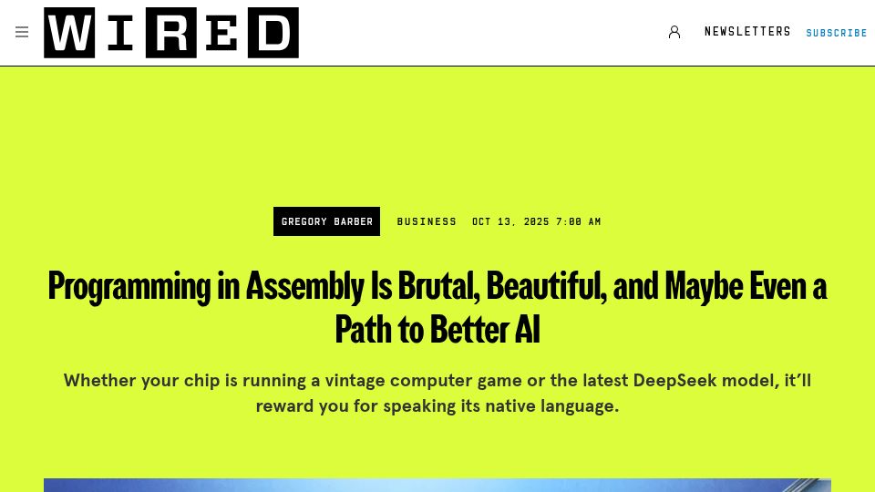 Screenshot of wired.com: Programming in Assembly Is Brutal, Beautiful, and Maybe Even a Path to Better AI