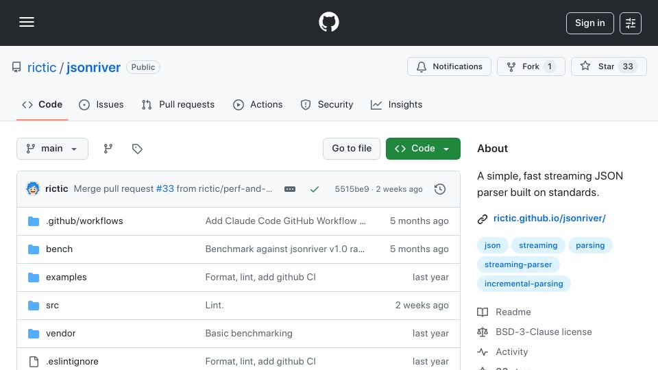 Screenshot of github.com: JSON River – Parse JSON incrementally as it streams in