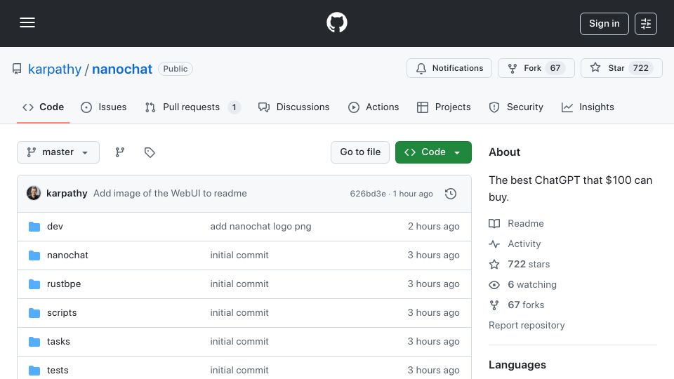 Screenshot of github.com: NanoChat – The best ChatGPT that $100 can buy