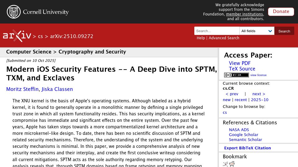 Screenshot of arxiv.org: Modern iOS Security Features – A Deep Dive into SPTM, TXM, and Exclaves