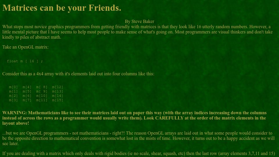 Screenshot of sjbaker.org: Matrices can be your friends (2002)