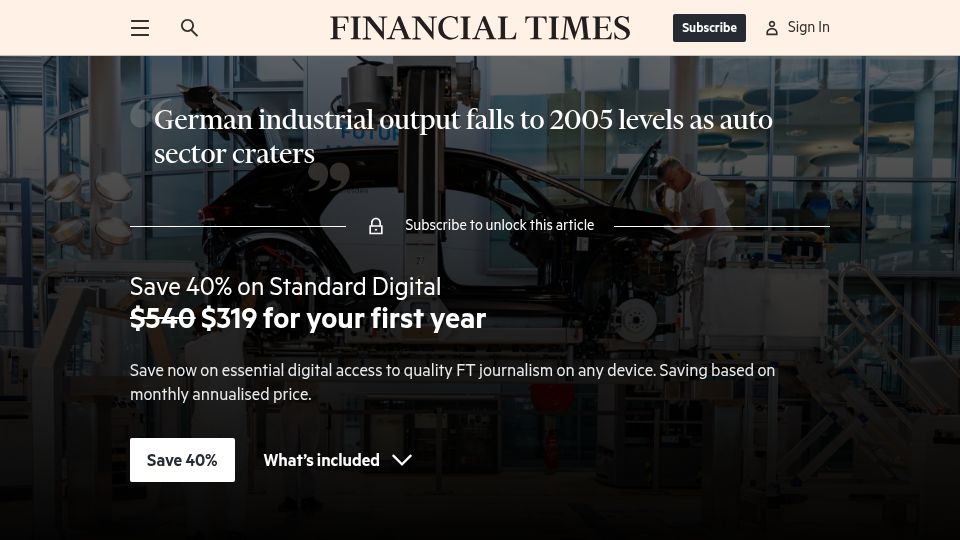 Screenshot of ft.com: German industrial output falls to 2005 levels as auto sector craters
