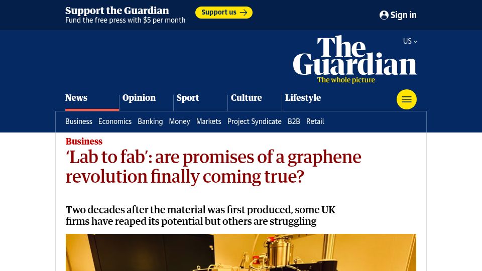 Screenshot of theguardian.com: Some graphene firms have reaped its potential but others are struggling