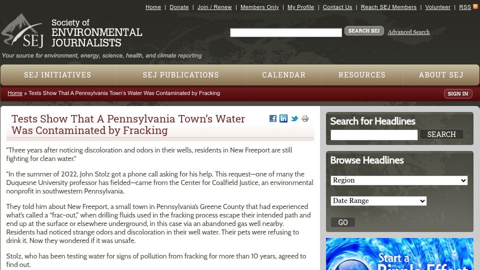 Screenshot of sej.org: Tests Show That a Pennsylvania Town's Water Was Contaminated by Fracking
