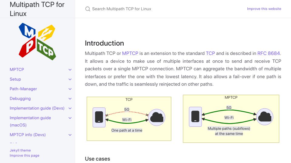Screenshot of mptcp.dev: MPTCP for Linux