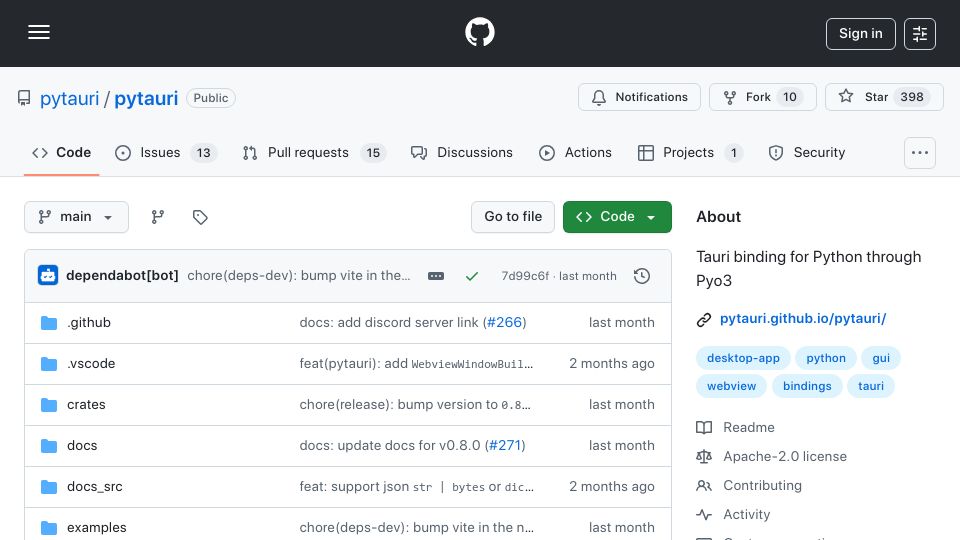 Screenshot of github.com: Tauri binding for Python through Pyo3