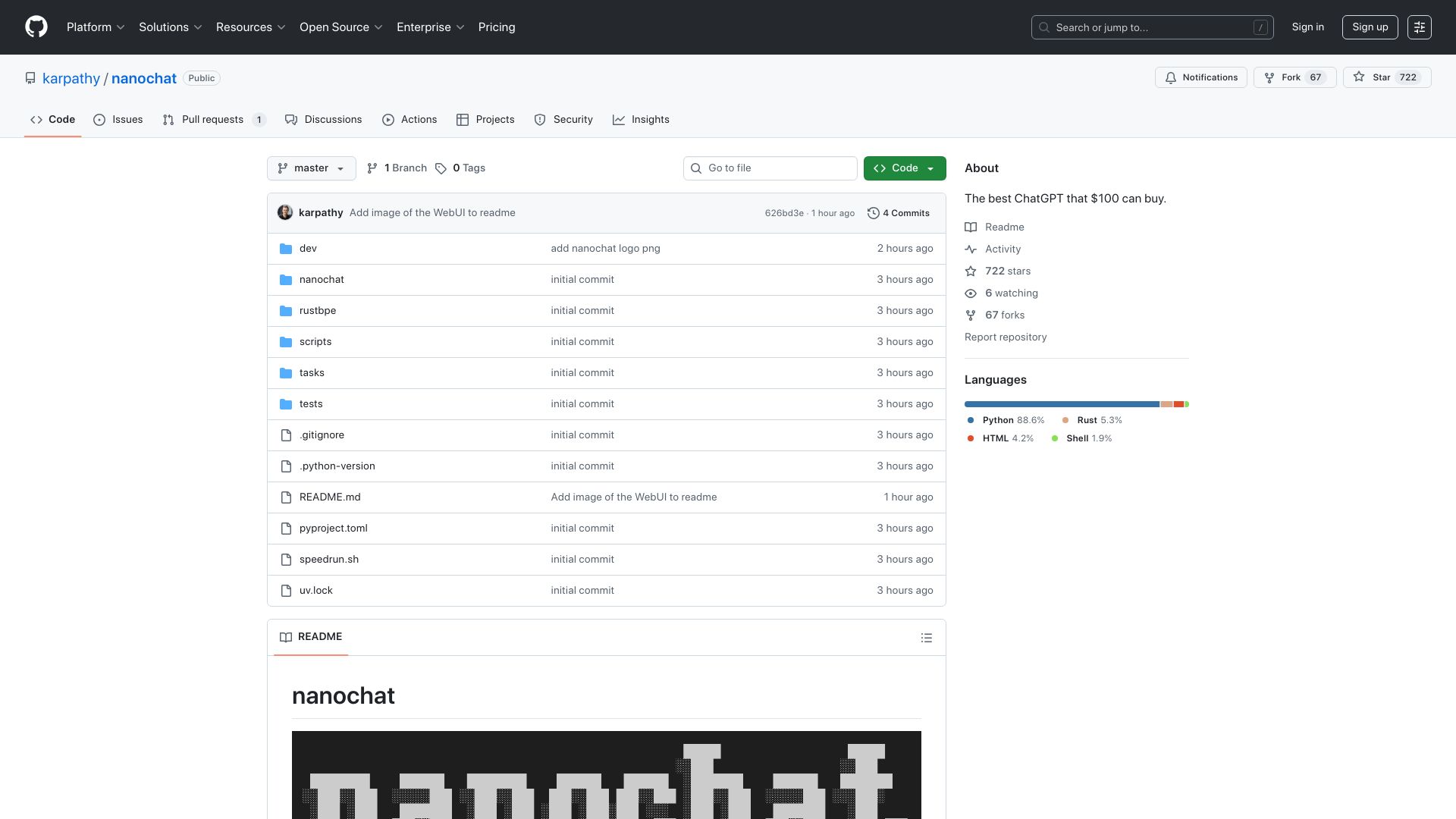 Screenshot of github.com: NanoChat – The best ChatGPT that $100 can buy