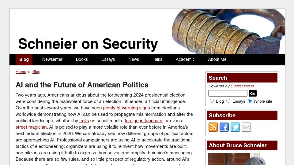 Screenshot of schneier.com: AI and the Future of American Politics