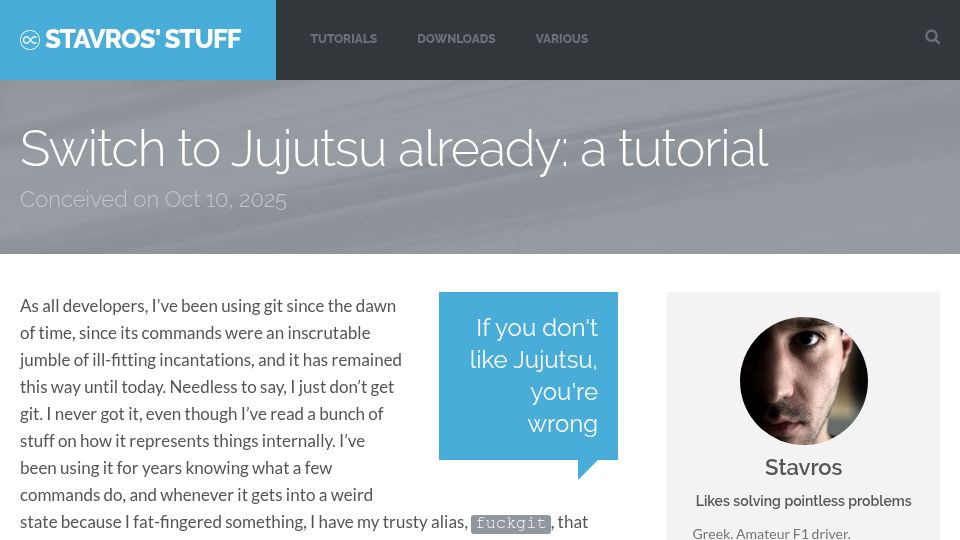 Screenshot of stavros.io: Switch to Jujutsu Already: A Tutorial