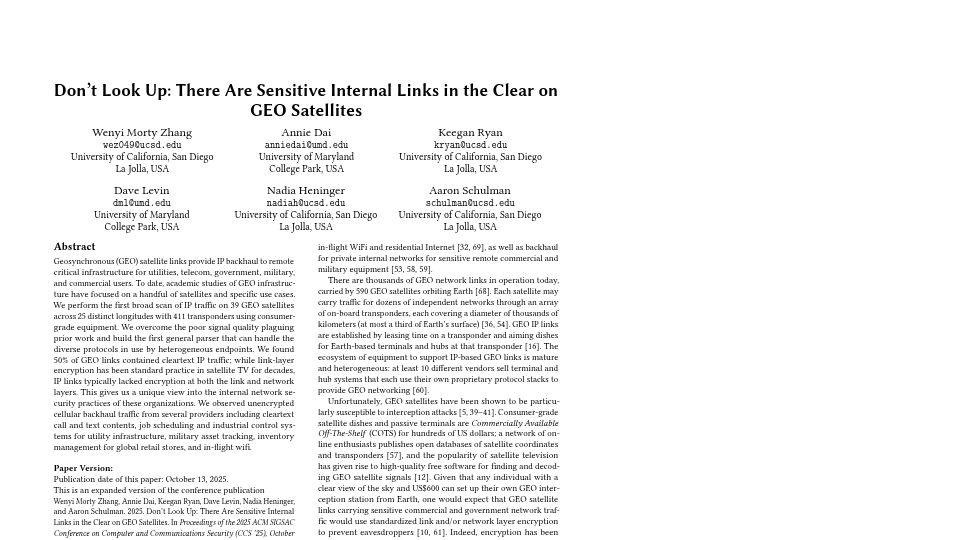 Screenshot of satcom.sysnet.ucsd.edu: Don’t Look Up: Sensitive internal links in the clear on GEO satellites [pdf]