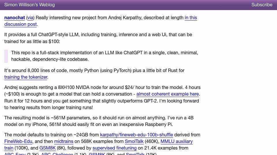 Screenshot of simonwillison.net: Nanochat