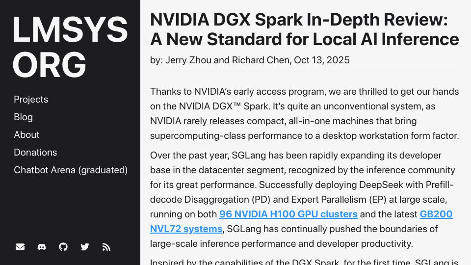 Screenshot of lmsys.org: NVIDIA DGX Spark In-Depth Review: A New Standard for Local AI Inference
