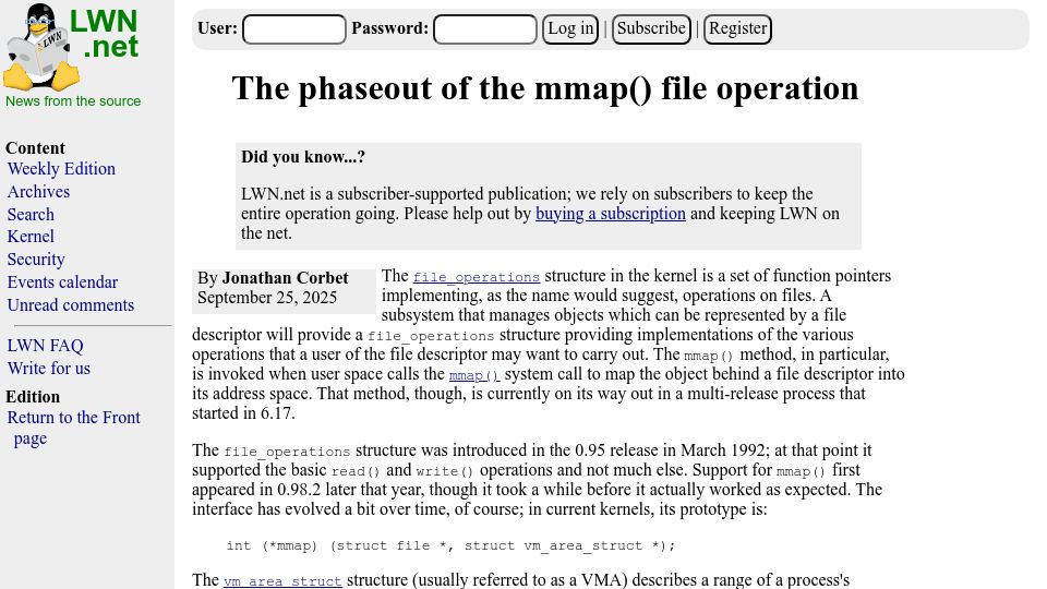 Screenshot of lwn.net: The phaseout of the mmap() file operation