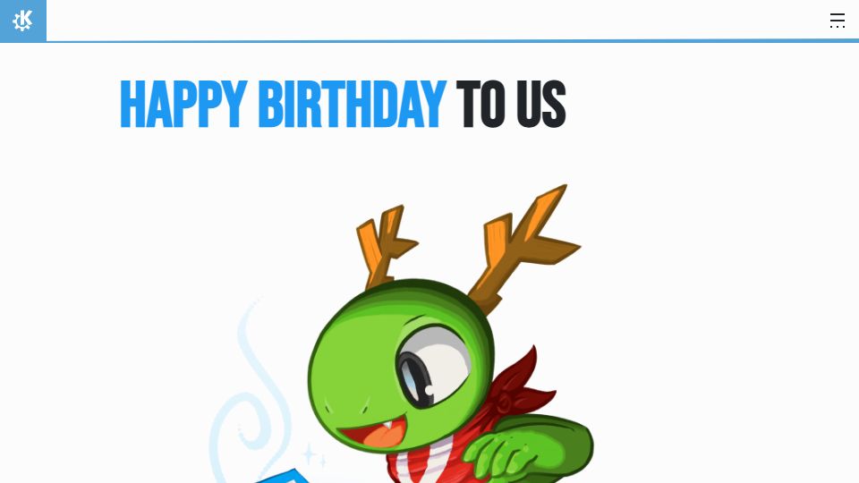 Screenshot of kde.org: KDE celebrates the 29th birthday and kicks off the yearly fundraiser
