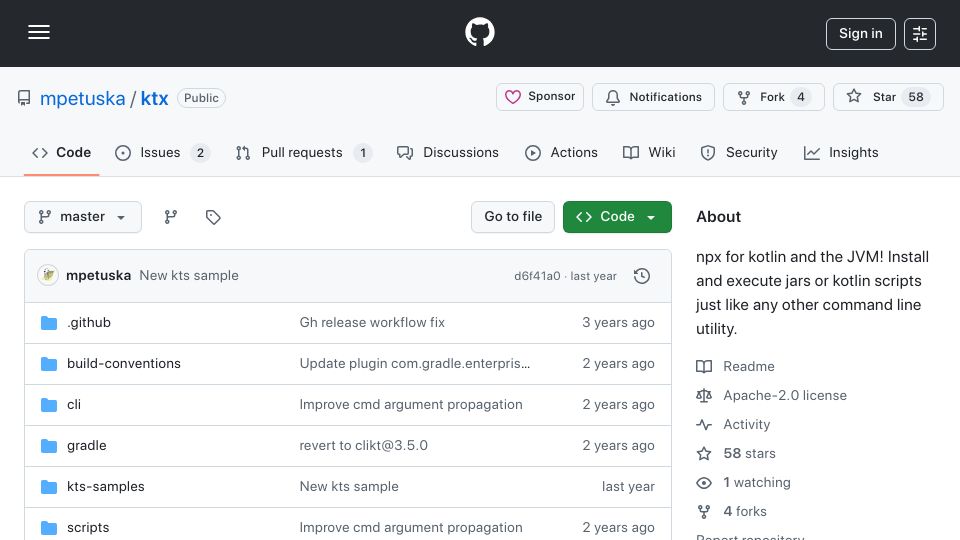 Screenshot of github.com: KTX – npx for Kotlin and JVM to install jars or Kotlin scripts