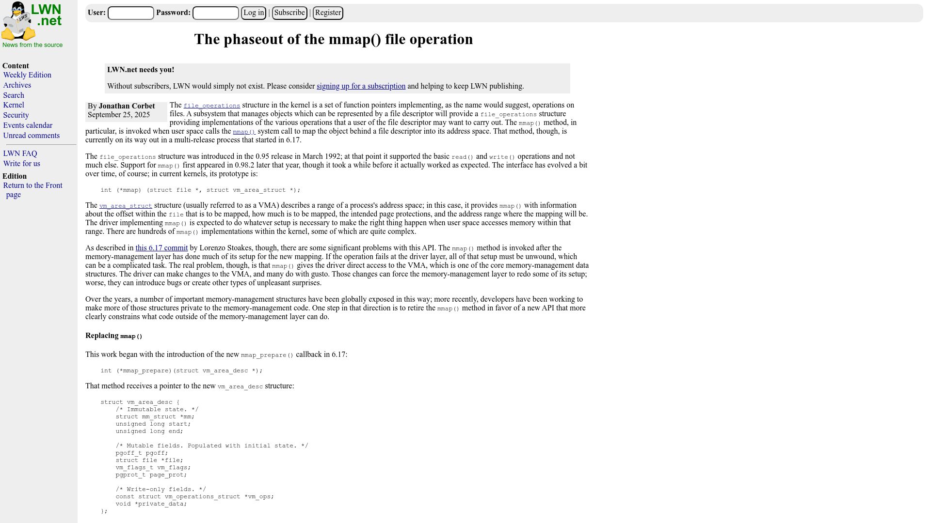 Screenshot of lwn.net: The phaseout of the mmap() file operation