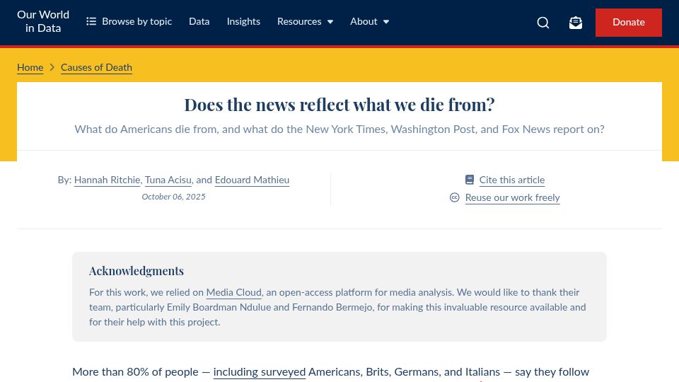 Screenshot of ourworldindata.org: What Americans die from vs. what the news reports on