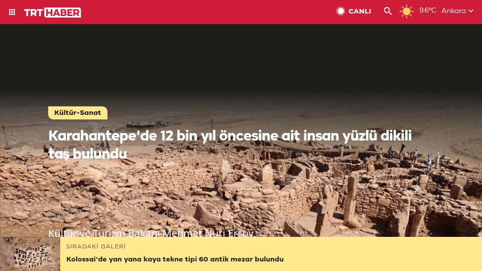 Screenshot of trthaber.com: A 12,000-year-old obelisk with a human face was found in Karahan Tepe