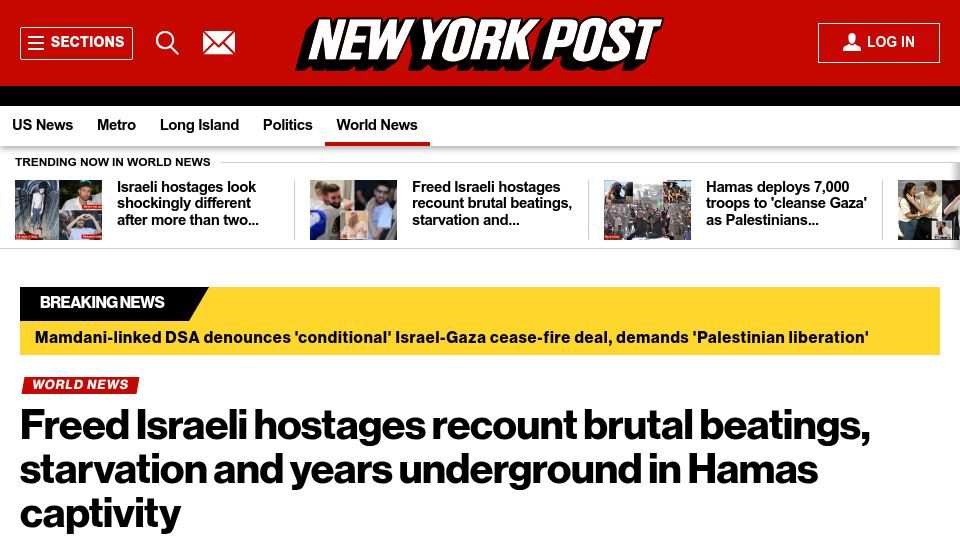 Screenshot of nypost.com: Freed Israeli hostages recount brutal beatings, starvation