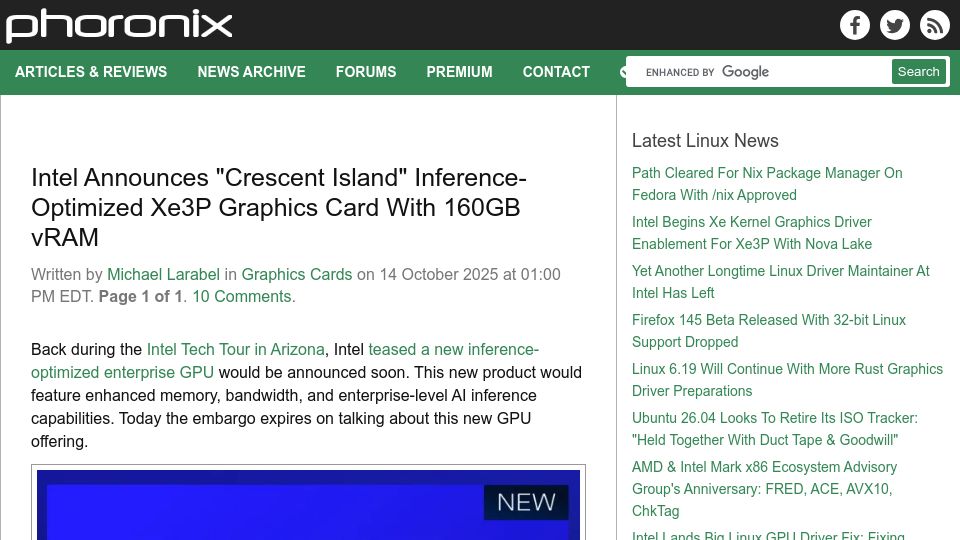 Screenshot of phoronix.com: Intel Announces Inference-Optimized Xe3P Graphics Card with 160GB VRAM