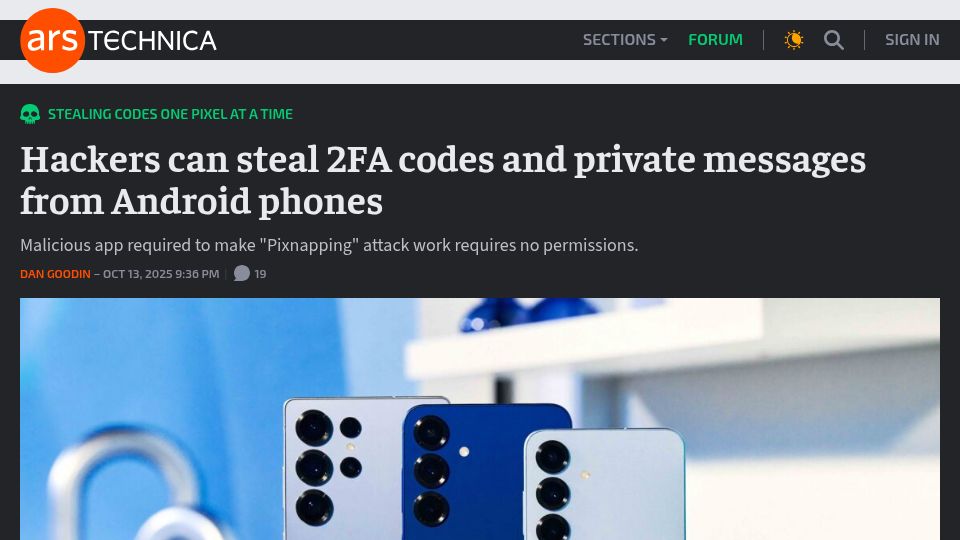 Screenshot of arstechnica.com: Hackers can steal 2FA codes and private messages from Android phones