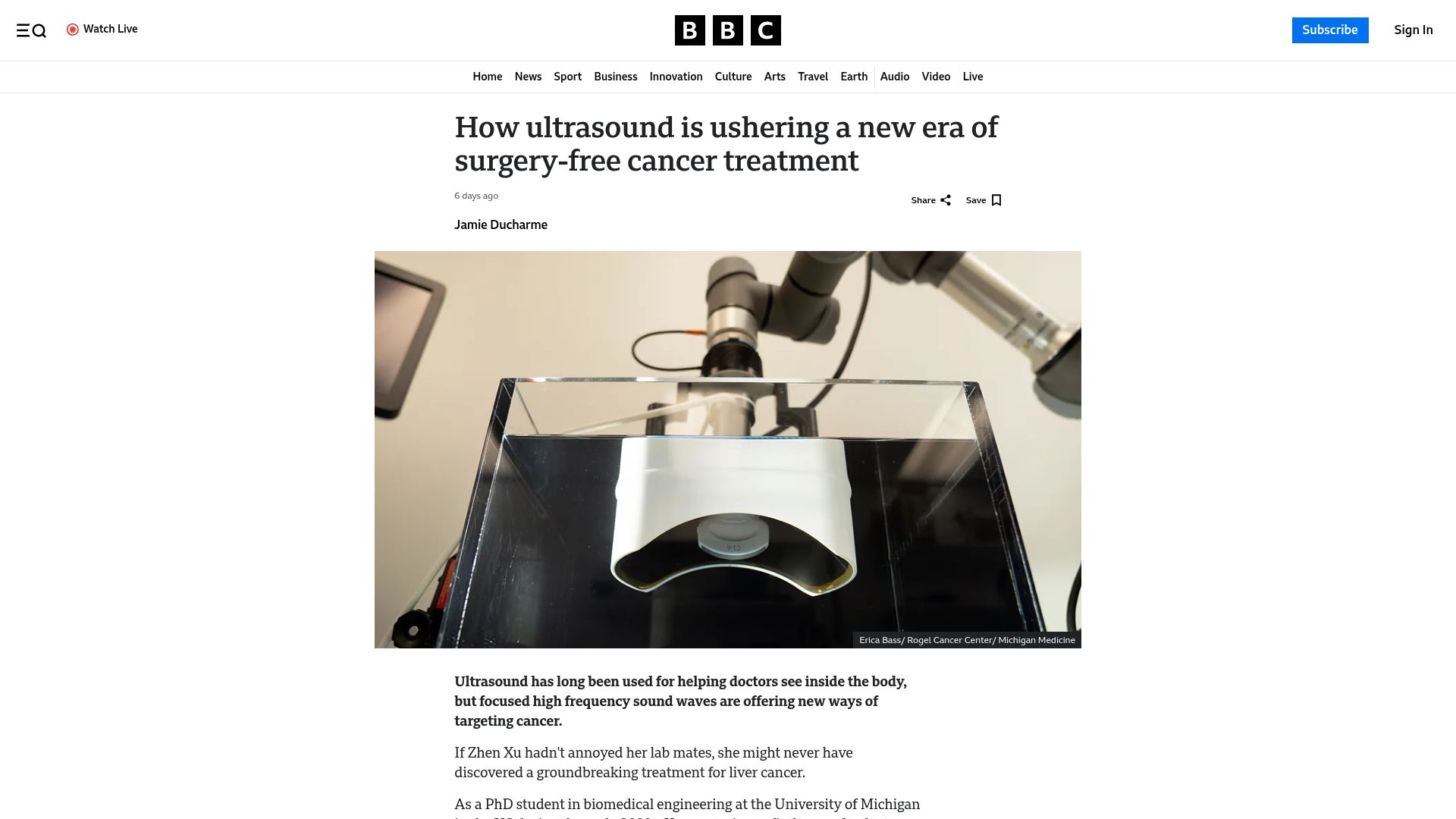 Screenshot of bbc.com: Ultrasound is ushering a new era of surgery-free cancer treatment