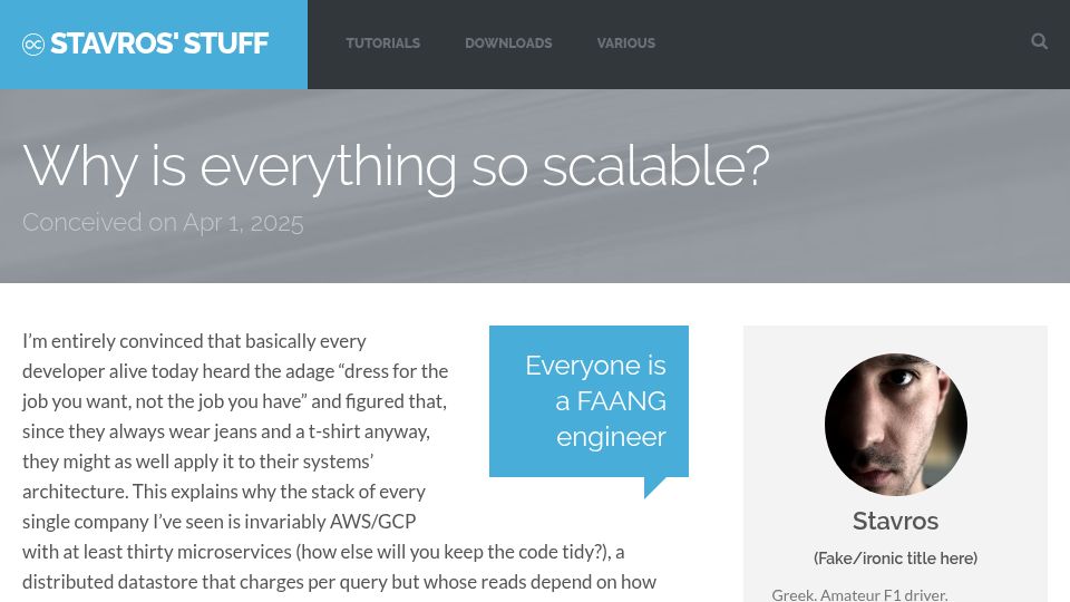 Screenshot of stavros.io: Why is everything so scalable?