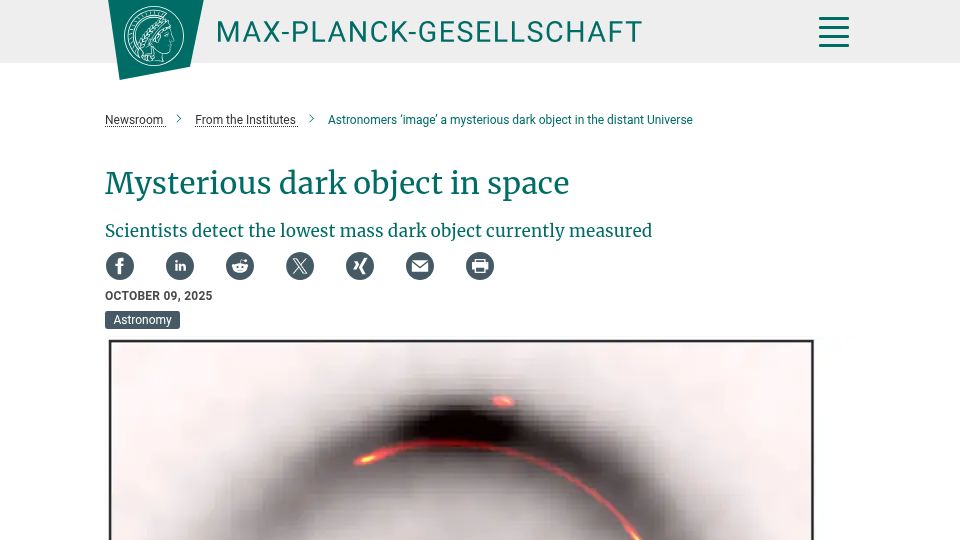 Screenshot of mpg.de: Astronomers 'image' a mysterious dark object in the distant Universe