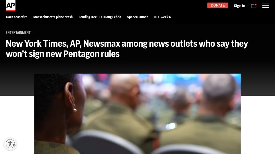 Screenshot of apnews.com: New York Times, AP, Newsmax and others say they won't sign new Pentagon rules