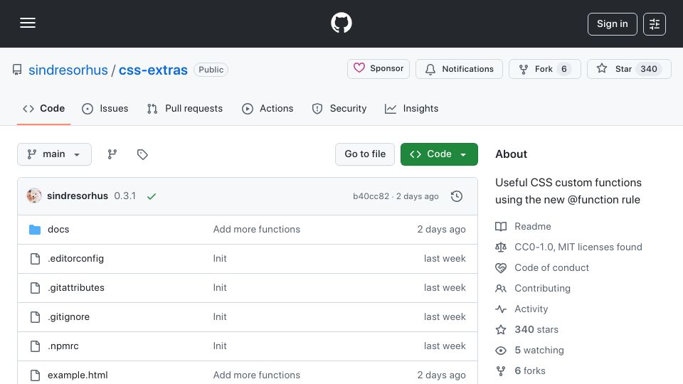 Screenshot of github.com: Show HN: CSS Extras